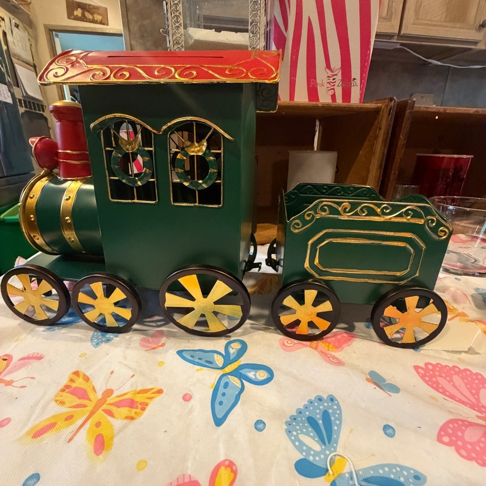 Pink Zebra Green Metal Christmas Train Set Engine and Wagon Gold Accents